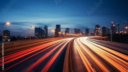City highway bustling with highspeed traffic during evening rush hour  car headlights glowing in a motionblurred long exposure photo