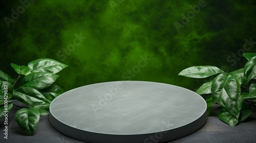 Circular stone base, background of green wall and leaves, soft light, bird seye view, ideal for presenting cosmetic items photo