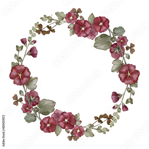 Wreath with red garden mallow flowers on a white background. Watercolor composition drawn by hand