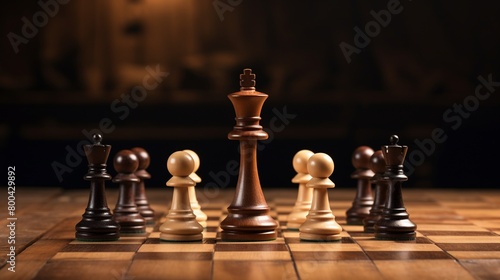 Classic chess array on old wooden surface, night, spotlight, angled closeup, sharp edges