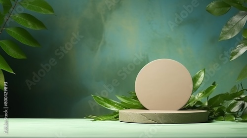 Circular stone base, background of green wall and leaves, soft light, bird seye view, ideal for presenting cosmetic items photo