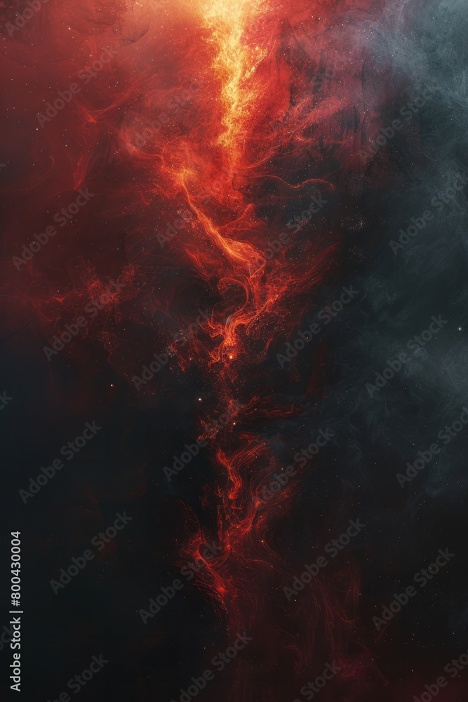 An abstract design inspired by the Horsehead Nebula, using dark shadows and illuminated red and orange hues,