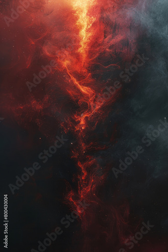 An abstract design inspired by the Horsehead Nebula, using dark shadows and illuminated red and orange hues,