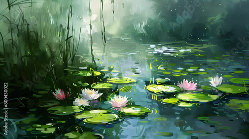 Beautiful watercolor lotus in the pond