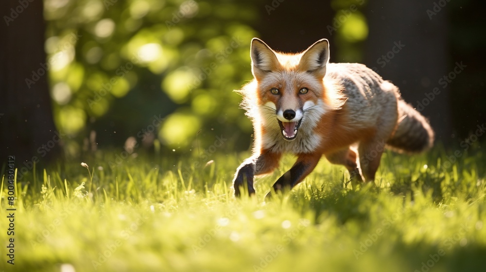 Fox sprinting through lush green grass, blurred trees in soft focus background, sunlight dappling Fox sprinting through lush green grass, blurred trees in soft focus background, sunlight dappling