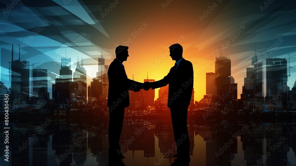 Handshake silhouette, businessmen with double exposure of skyscrapers at sunset, abstract background for corporate success Handshake silhouette, businessmen with double exposure of skyscrapers at sunset, abstract background for corporate success
