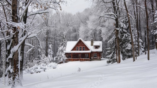 A cozy cabin nestled among snow-covered trees in a winter wonderland. © SH Design