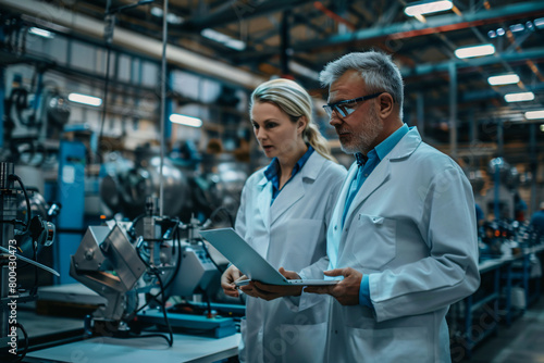 Middle-Aged Engineer and Female Scientist Collaborating in Lab - Generative AI.