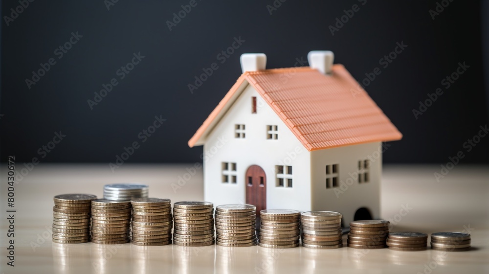 Small house model atop a piggy bank surrounded by coins, depicting concepts of budgeting, home loans, and real estate savings, with copy space Small house model atop a piggy bank surrounded by coins, depicting concepts of budgeting, home loans, and real estate savings, with copy space