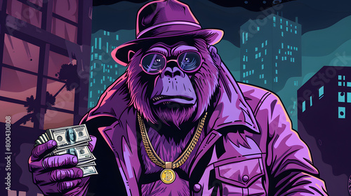 cyberpunk gorilla illustration successful crypto trading gold necklace Bitcoin symbol background copy space