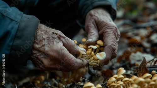 Hands of a man choosing mushrooms in their natural habitat