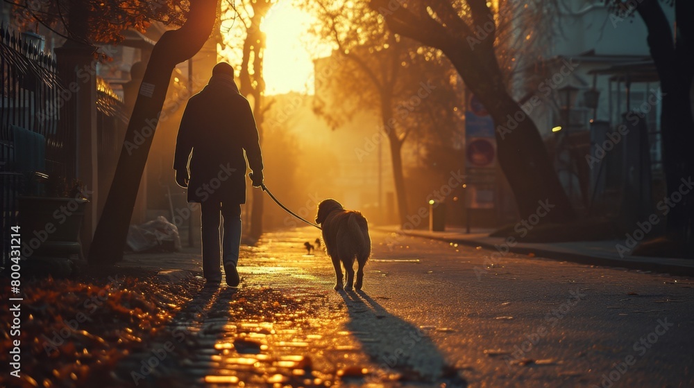 Fototapeta premium Morning walk with their beloved dog, the couple moves in perfect harmony