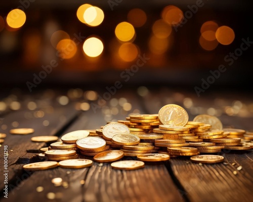 Gold coins scattered on a rustic wooden table, focus on the coins detail, concept of investment and wealth