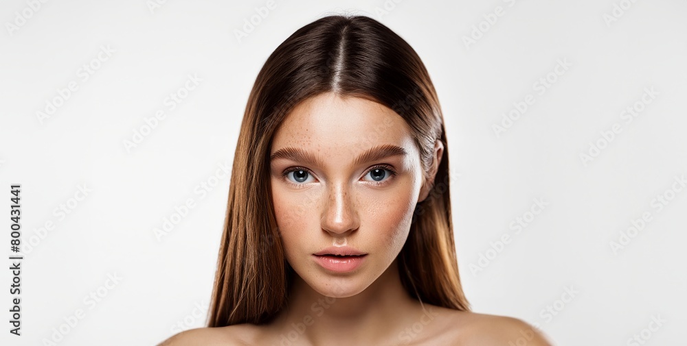 Young beautiful woman with clean healthy skin isolated on light background. Facial skin care concept, spa, cosmetology Young beautiful woman with clean healthy skin isolated on light background. Facial skin care concept, spa, cosmetology