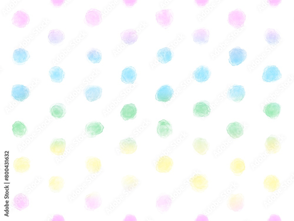 Seamless pattern of colorful rainbow polka dot on white background, pastel water color polka dot, hand drawn style