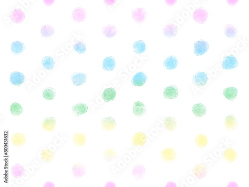 Seamless pattern of colorful rainbow polka dot on white background, pastel water color polka dot, hand drawn style