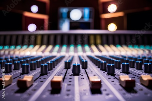 A vibrant sound mixing console with knobs and sliders against dark background photo