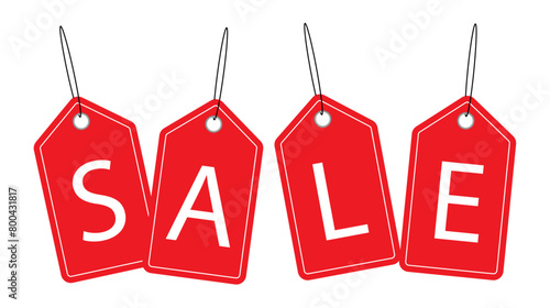 Red hanging sales tags isolated on transparent background flat vector illustrations.