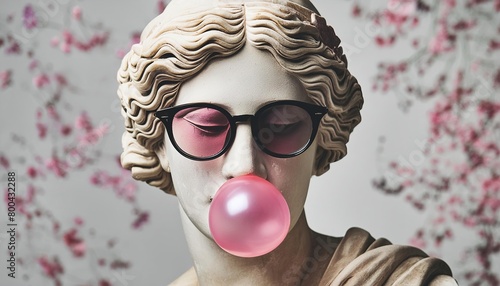 Stoic Roman statue blowing pink bubble gum  wearing sunglasses  white background  in the style of minimalism