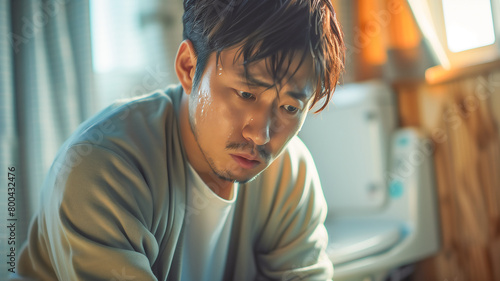  Asian man clutching his stomach have stomachache sitting in toilet , diarrhea problem concept photo