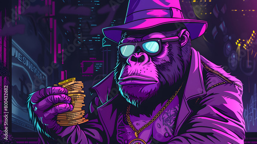 cyberpunk gorilla illustration successful crypto trading gold necklace Bitcoin symbol background copy space