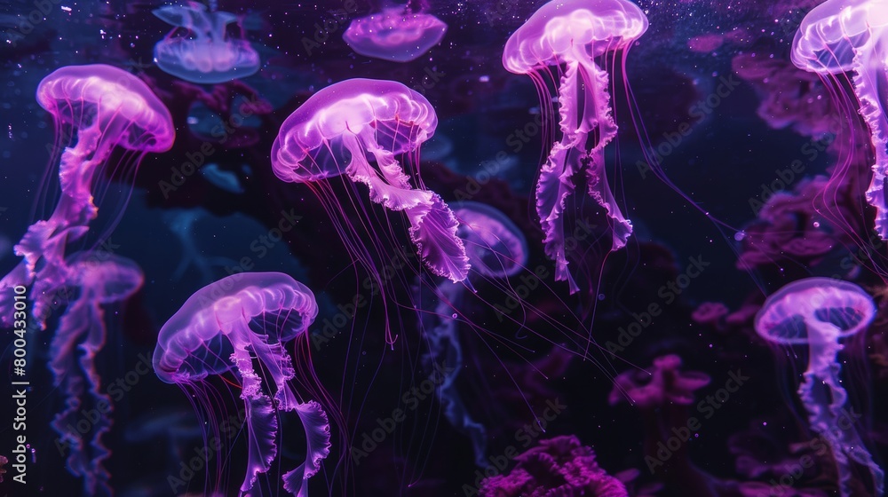 Illuminated jellyfish swimming in a dark ocean Illuminated jellyfish swimming in a dark ocean