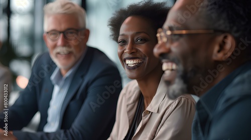 close-up of happy diverse team of executives talking in modern office. generative AI