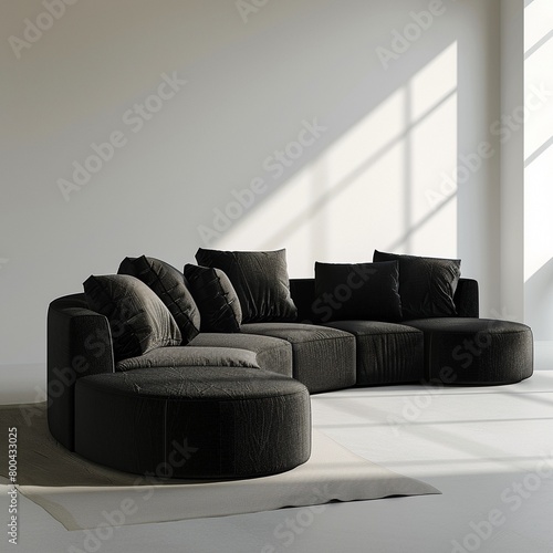 A dynamic shot focusing on the sharp angles and clean lines of a black minimalist sofa, the perspective chosen to accentuate the designs architectural qualities, making the piece appear as both furnit photo