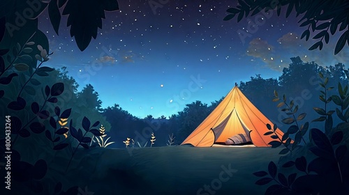 Horizontal AI illustration starry night at secluded camping spot. Concept lifestyle.