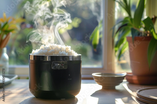 A compact rice cooker with a steam vent, preventing excess moisture buildup.