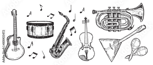 Musical instruments hand drawn illustration.	