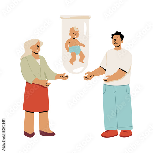 Vector of happy parents with test tube baby. Isolated background.