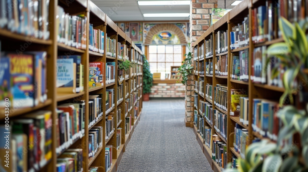 Shelves in a library where every book's cover is an engaging scene from its core story Shelves in a library where every book's cover is an engaging scene from its core story