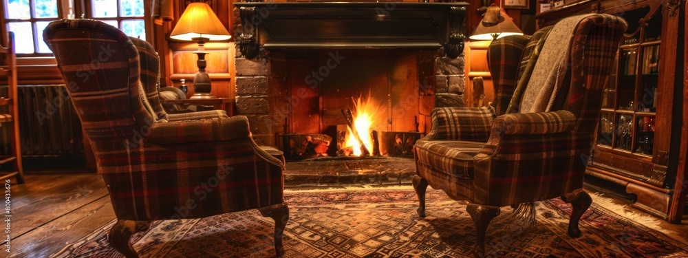 A cozy fireside scene with a crackling fire and comfortable armchairs. A cozy fireside scene with a crackling fire and comfortable armchairs.