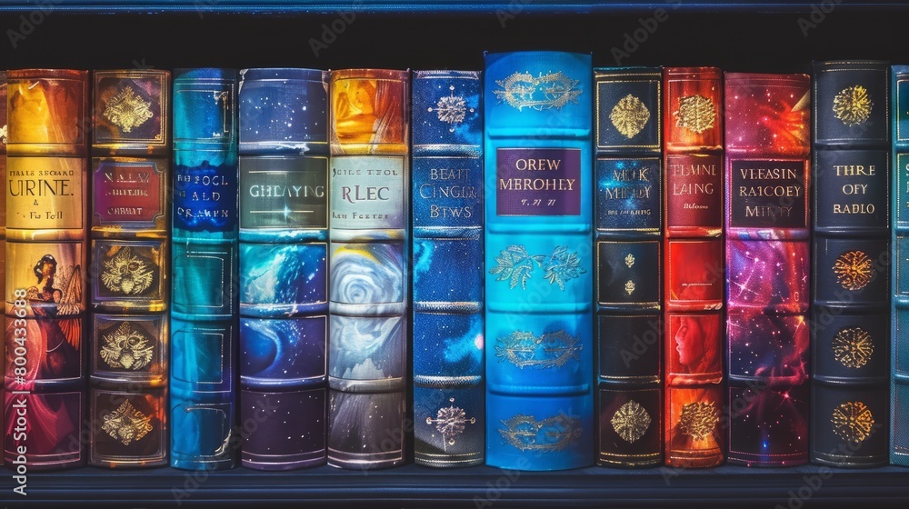 Vibrant book covers on a library shelf, each depicting a moment frozen in time from its story