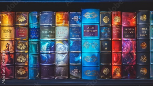 Vibrant book covers on a library shelf  each depicting a moment frozen in time from its story