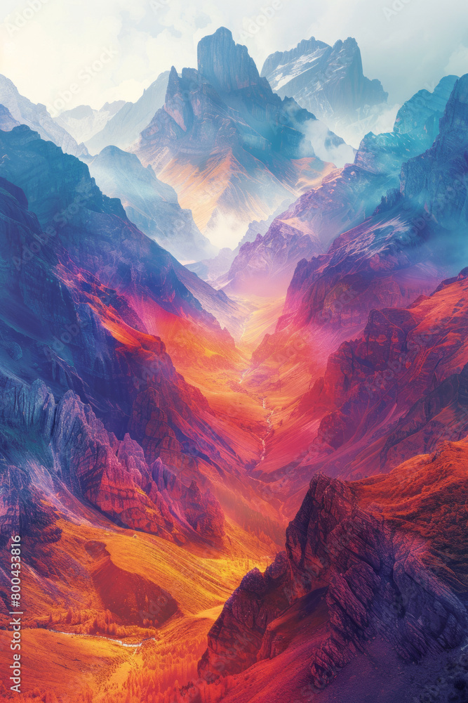 A visionary landscape with mountains and valleys painted in surreal colors and psychedelic textures,
