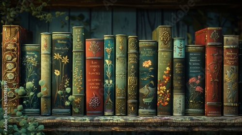 A row of books on a shelf, each showing a key scene from its story as if alive photo
