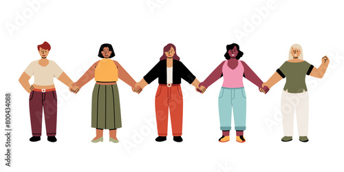 Female human chain vector, International women's day, cartoon multinational women group standing together holding hands © sabelskaya