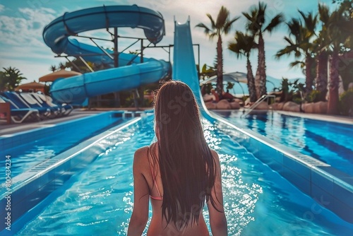Back view of young woman in swimsuit looking at swimming pool at aquapark