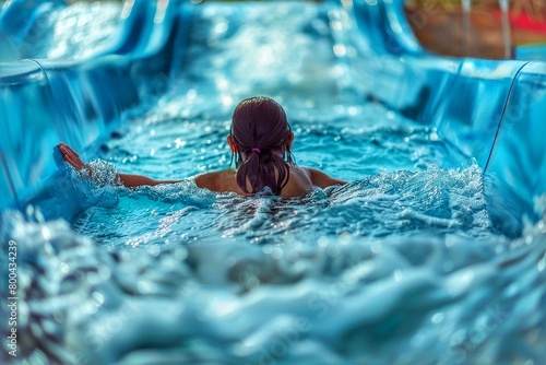 Child swims in a pool with water slides. The girl in the pool.