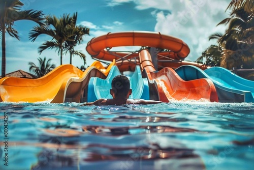 Young man swimming in water park on sunny summer day. Swimming pool with water slides. Summer holiday concept.