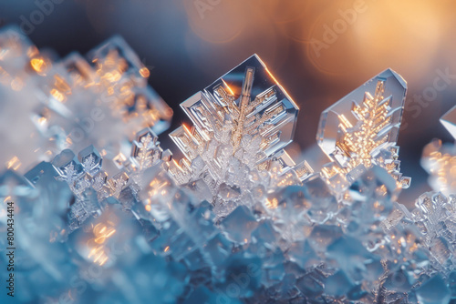 A macro photograph-style background of frost crystals, focusing on their geometric shapes and the way they catch light, photo