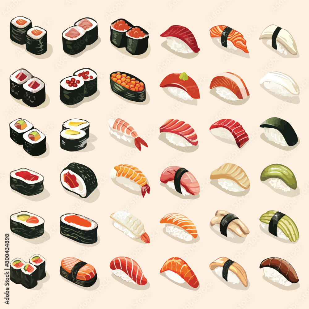 Vector illustration of various sushi pieces arranged in rows on a light background. AI generative.