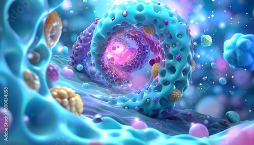 Highresolution 3D rendering of a human cell, viewed as if through a cuttingedge microscope, highlighting the detailed textures and cellular components