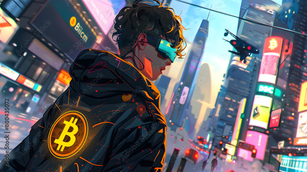 illustration of a cyberpunk image wearing a jacket with a bitcoin logo in the middle of a busy city