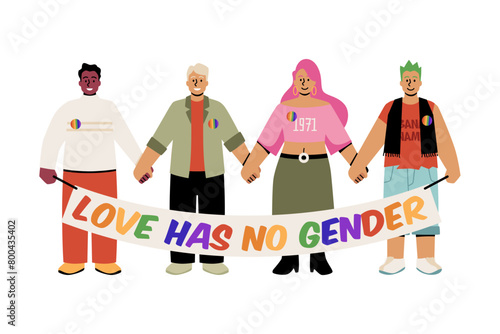 Vector illustration on of people holding a rainbow flag, symbolizing unity and support in the fight against discrimination.