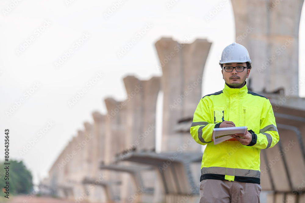 An Asian male engineer works at a motorway bridge construction site,Civil worker inspecting work on crossing construction,Supervisor working at high-speed railway construction site