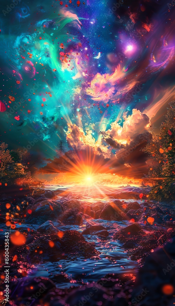 A beautiful landscape painting of a sunset over a lake A beautiful landscape painting of a sunset over a lake