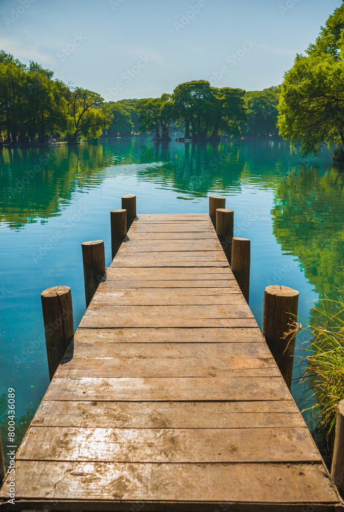 Naklejka premium Dock on Lake Camecuaro Michoacán, Mexico, with its amazing turquoise waters, where the roots of the ahuehuete trees reach the lagoon.